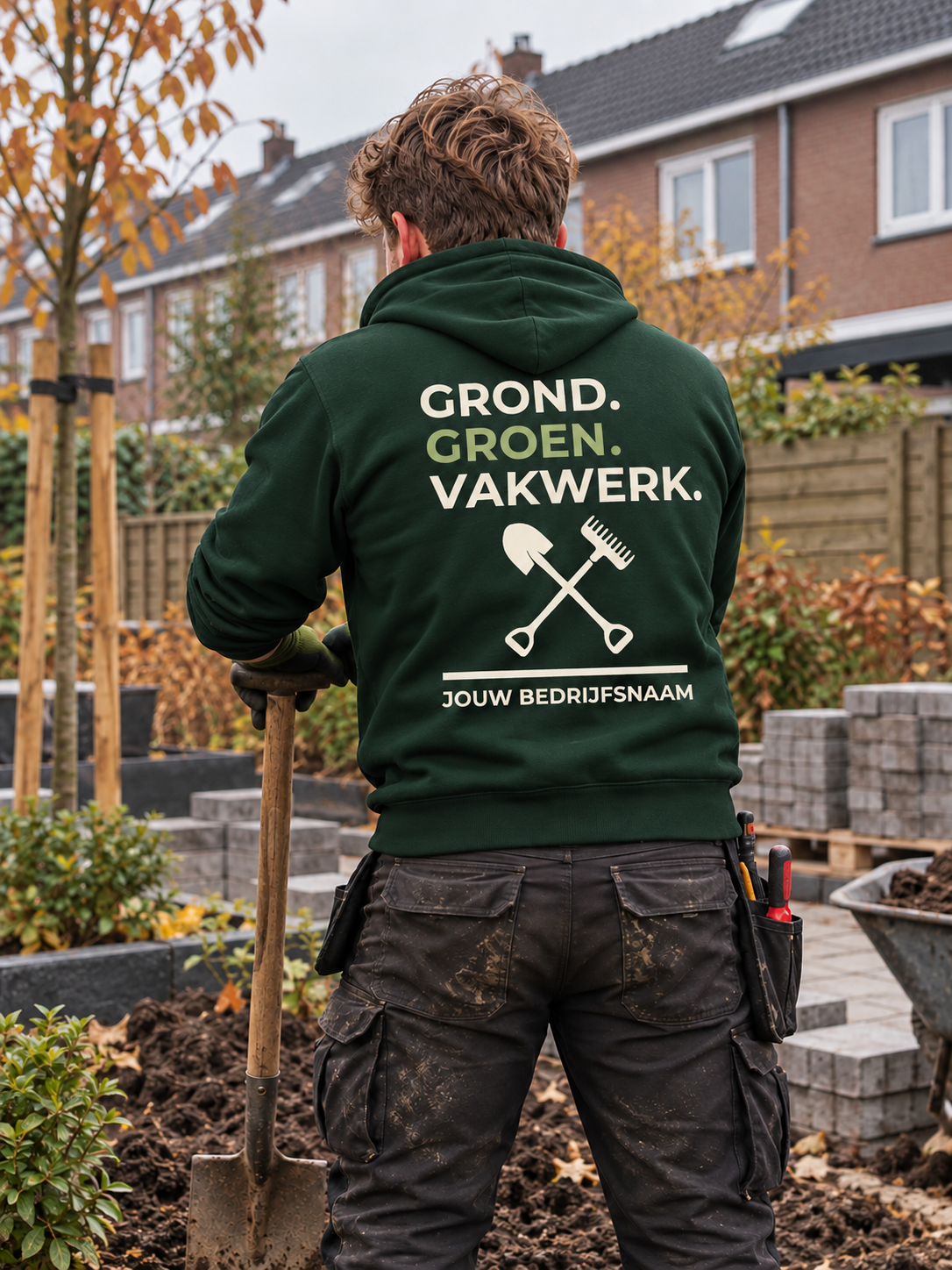 Hovenier in bosgroene hoodie met de tekst "Grond. Groen. Vakwerk." en bedrijfsnaam op de rug, met een schop in een tuin in aanleg