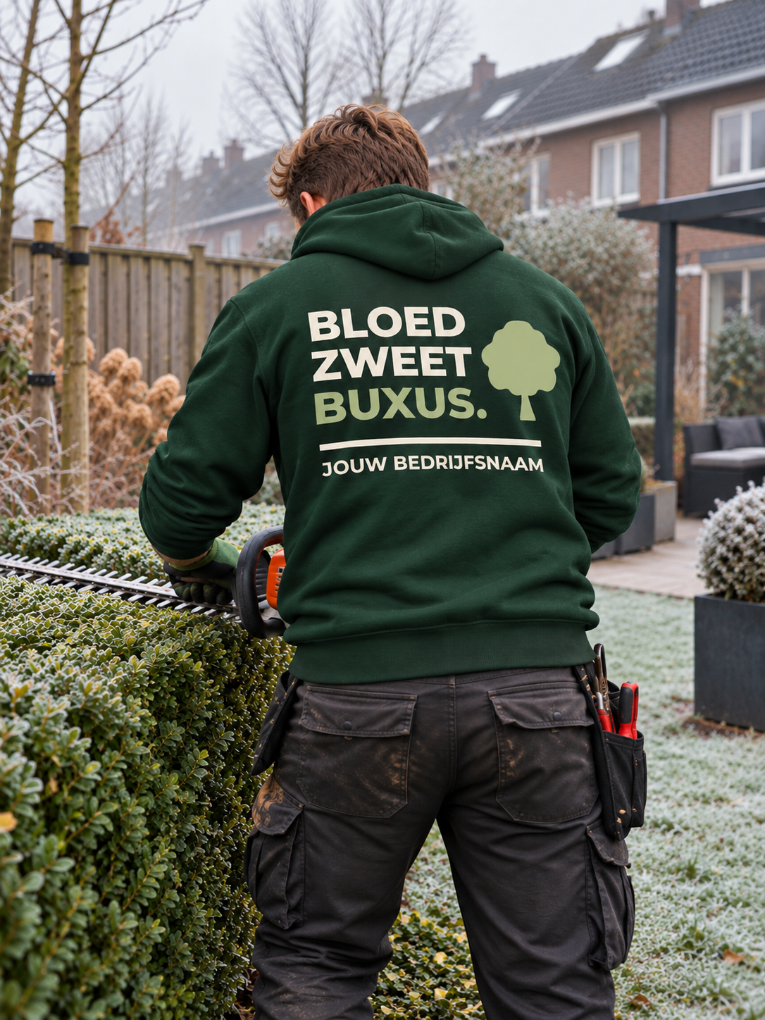 Hovenier in groen hoodie met de tekst "Bloed. Zweet. Buxus." en bedrijfsnaam op de rug, snoeit een buxushaag op een koude ochtend