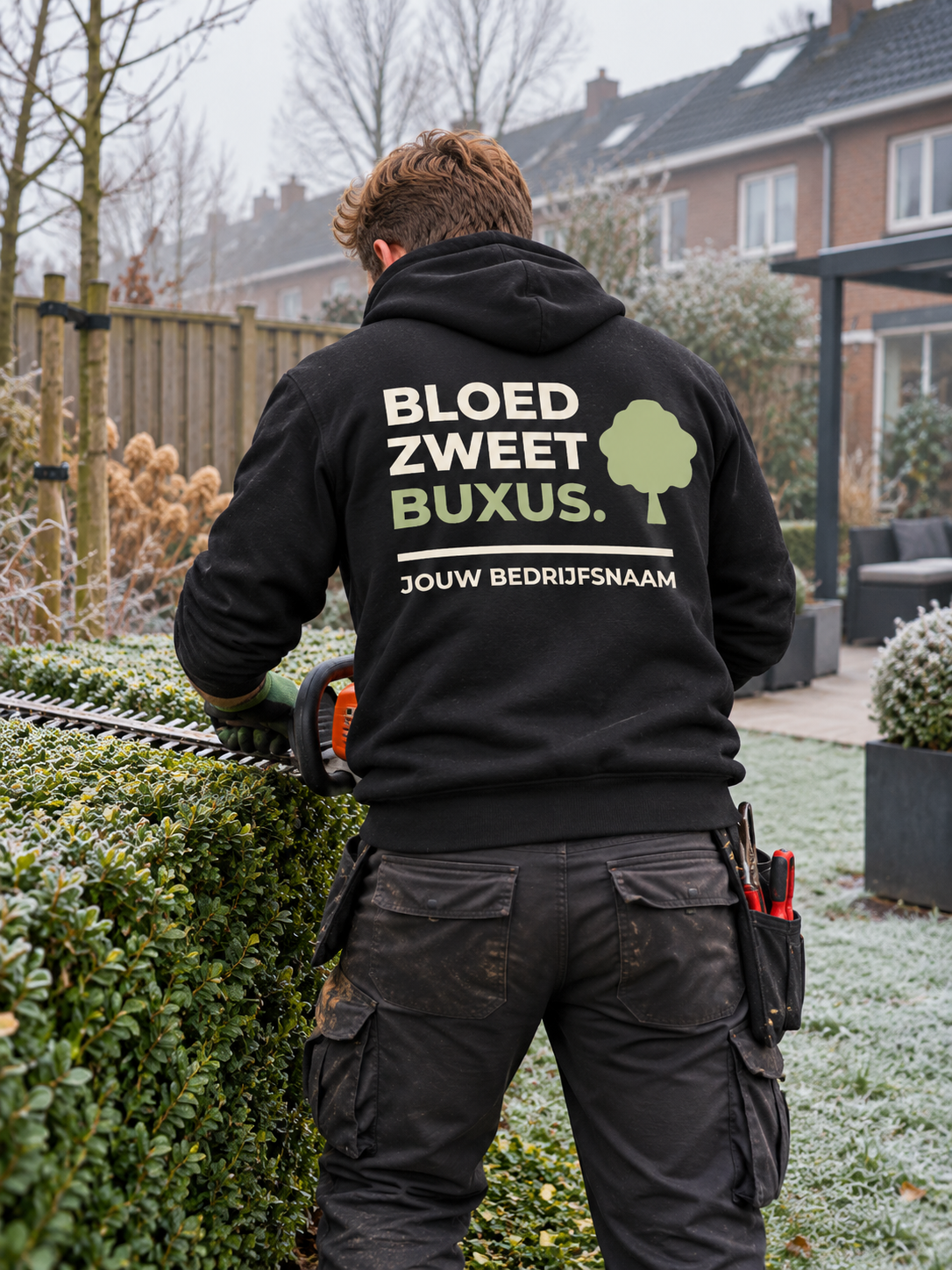 Hovenier in zwarte hoodie met de tekst "Bloed. Zweet. Buxus." en bedrijfsnaam op de rug, snoeit een buxushaag op een koude ochtend